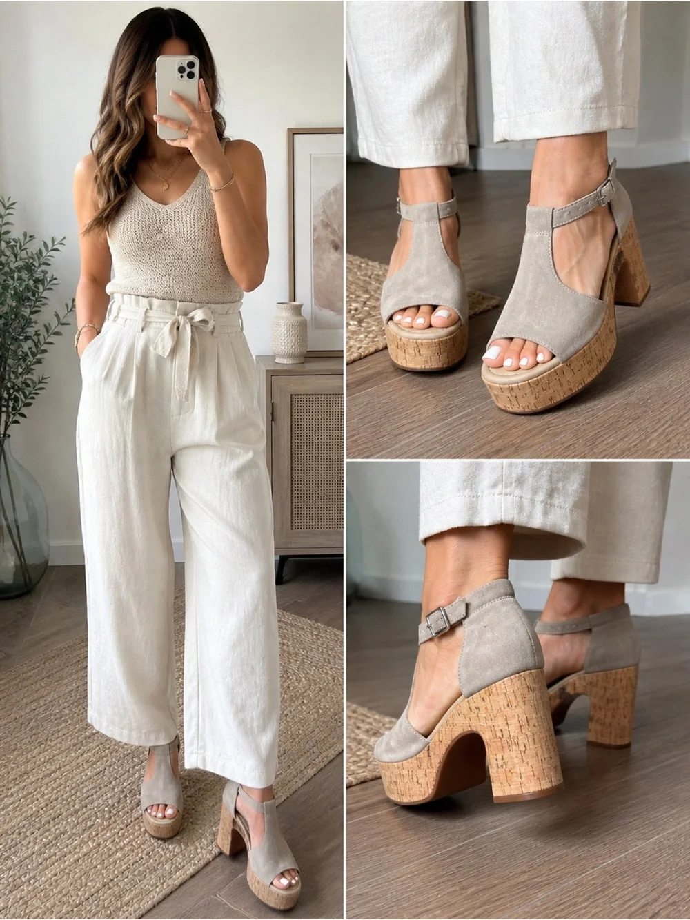 Gianni‎ Bini Cork Platform Heels T-Strap Sandals Neutral Suede Size 7